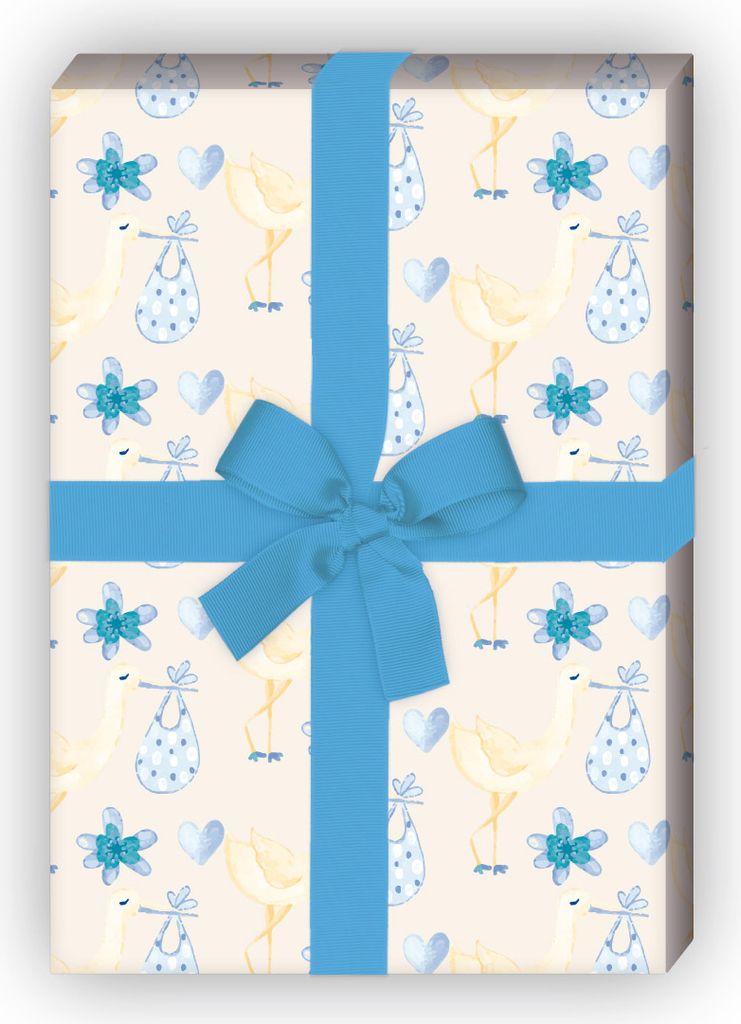 Süßes gemaltes Baby Geschenkpapier mit Storch und Herz, blau - G11492, 32 x 48cm
