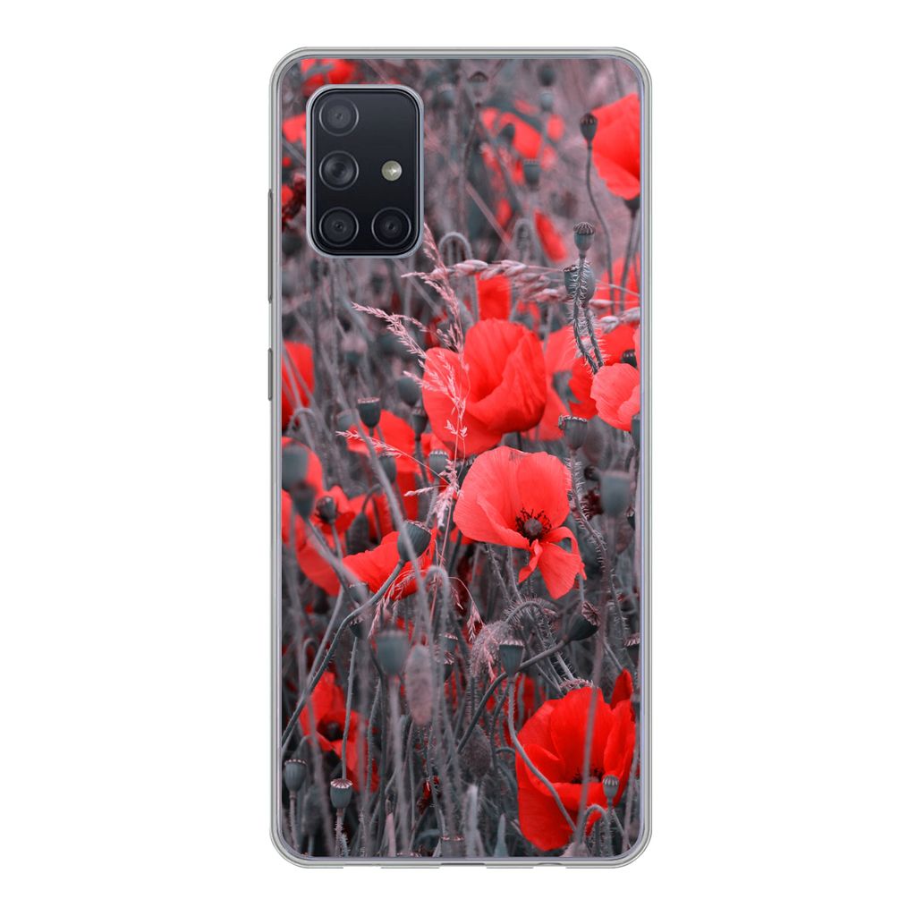 MuchoWow Handyhülle Schutzhülle Hülle für Samsung Galaxy A51 5G Rote Mohnblumen in einem Schwarz-Weiß-Bild Silikon Softcase Handy Hülle - A...
