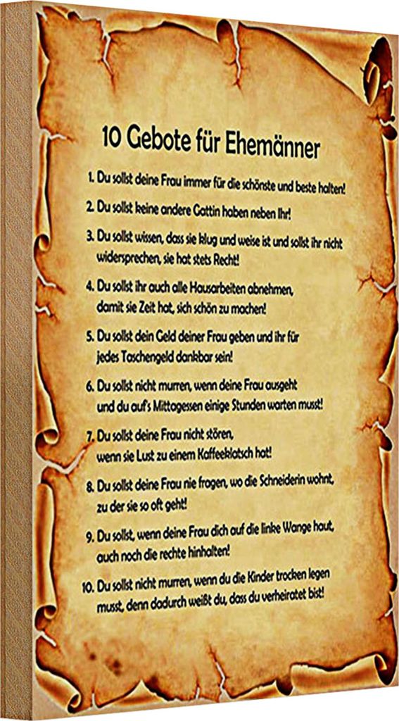 Holzschild Spruch 20x30cm 10 Gebote für Ehemänner