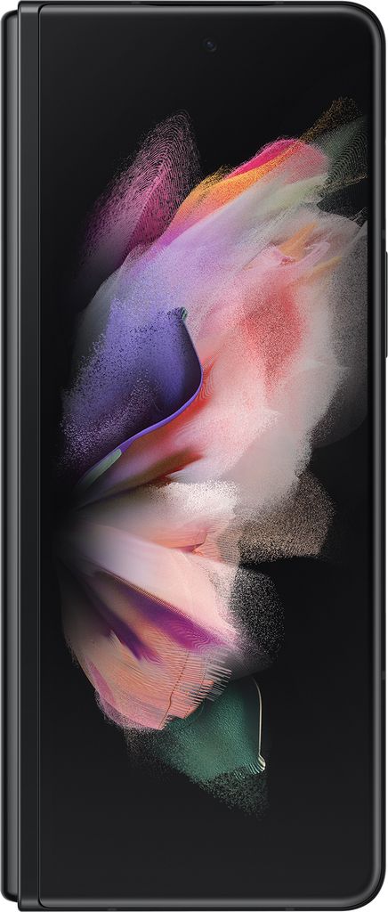 A close-up, front-facing view of a black Samsung Galaxy Z Fold 3 5G smartphone, shown in its folded state with a colorful abstract wallpaper displayed on the screen.