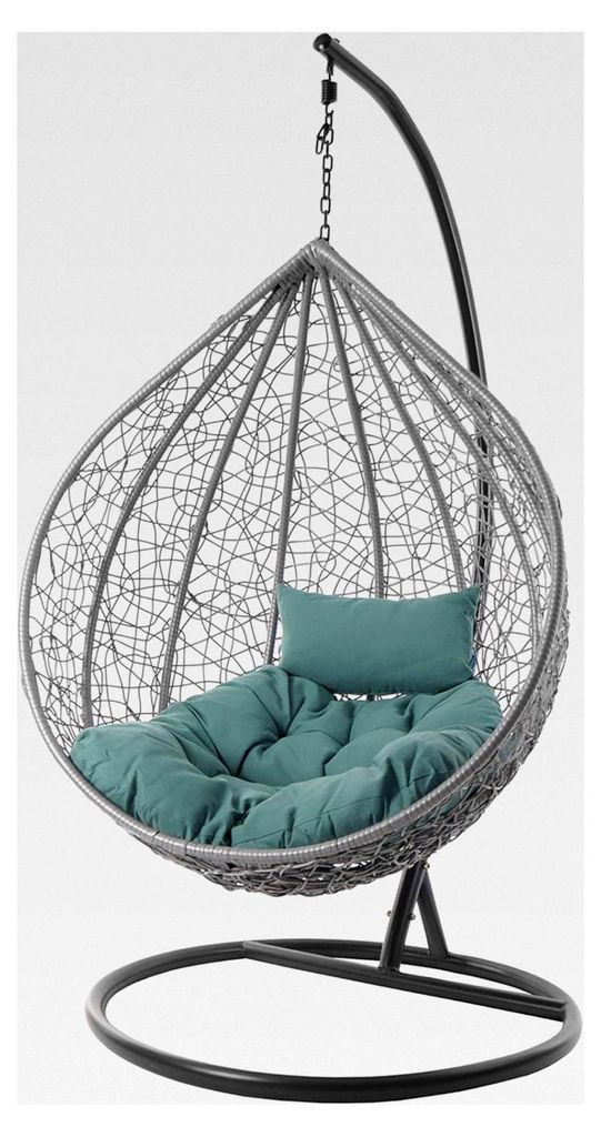 Komplettset: großer Hängesessel mit Gestell und Kissen, Lounge Möbel, Poly-Rattan, XXL, grau (Kissen: türkis Chesterstepp)