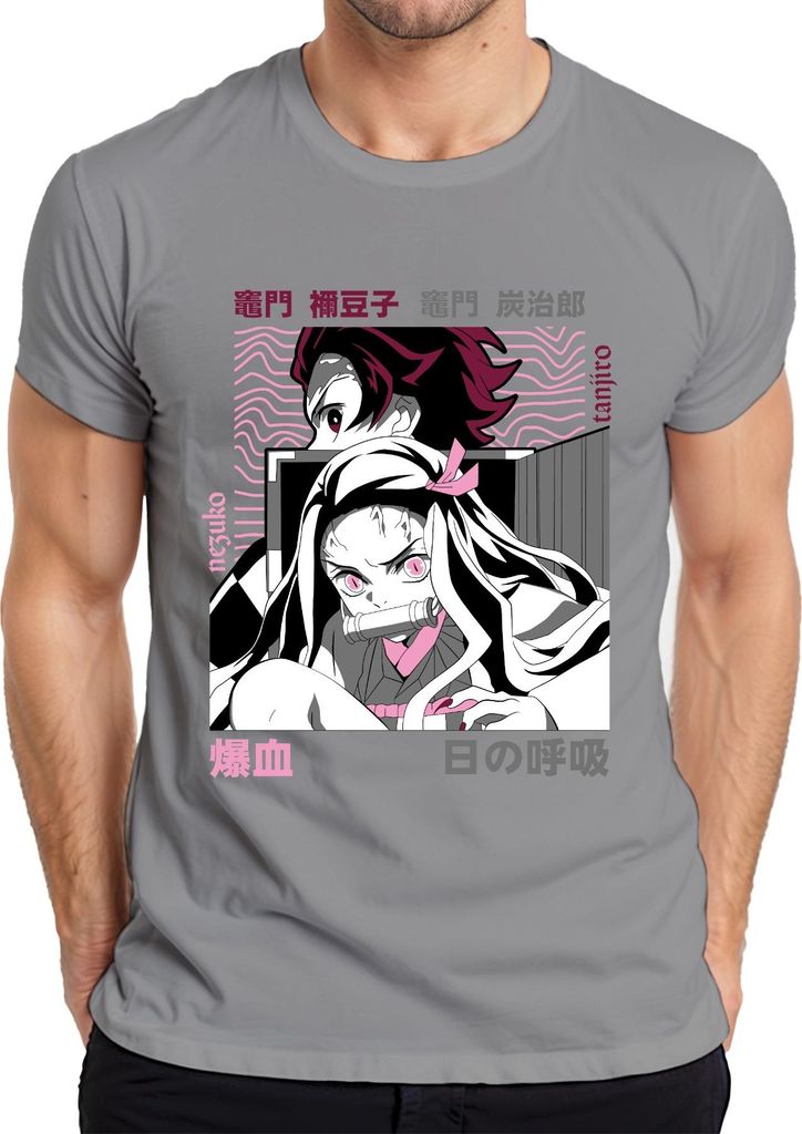 Kimetsu no Yaiba Nezuko Tanjiro Anime Dämonenjäger Japan Y2K Streetwear Pink Herren T-Shirt, Grau, 3XL
