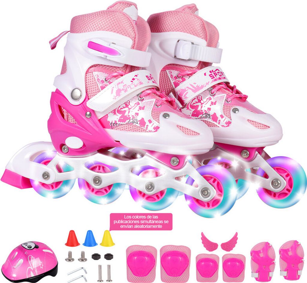 (Rosa) Verstellbare Rollschuhe Inlineskates für Kinder Jungen Mädchen mit leuchtenden Rädern