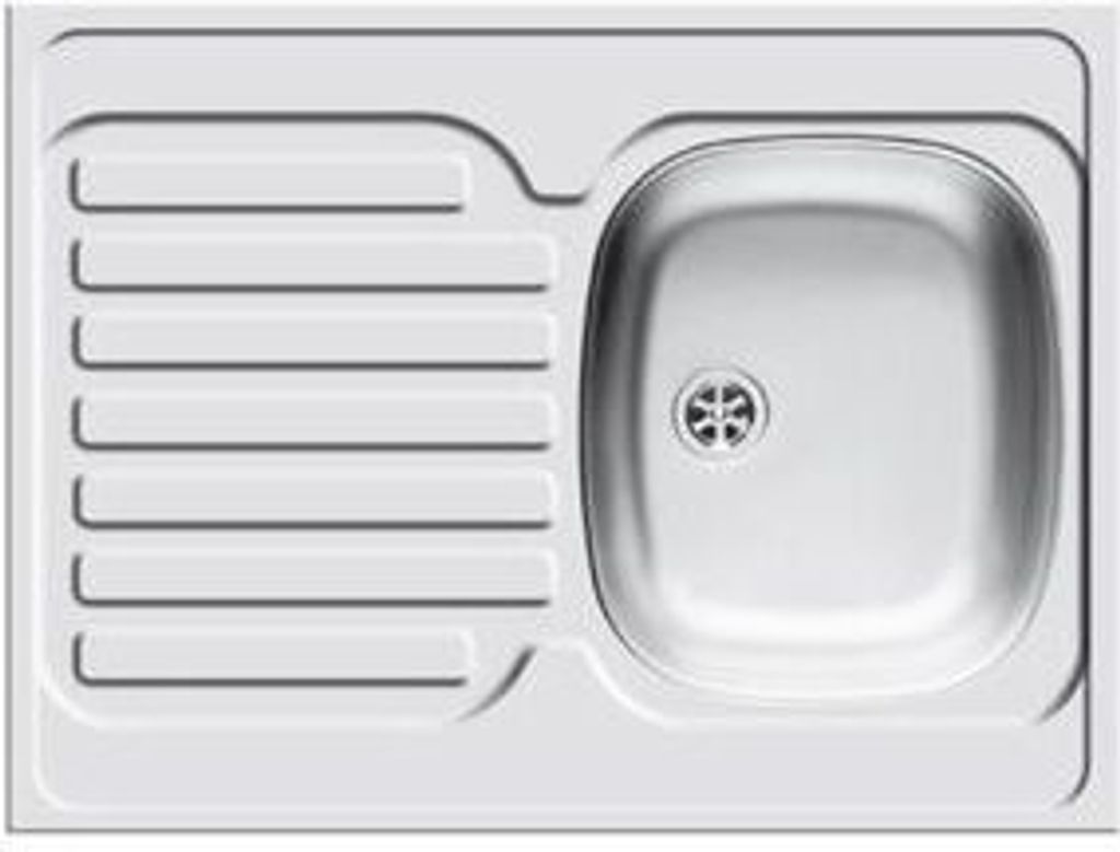 A top-down view of a white sink with a stainless steel basin and a drain.