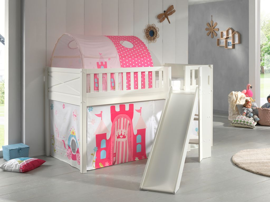 VIPACK - Spielbett SCOTT, LF 90 x 200 cm, mit Rolllattenrost, Rutsche, Leiter und Textilset Vorhang und Tunnel "Princess"
