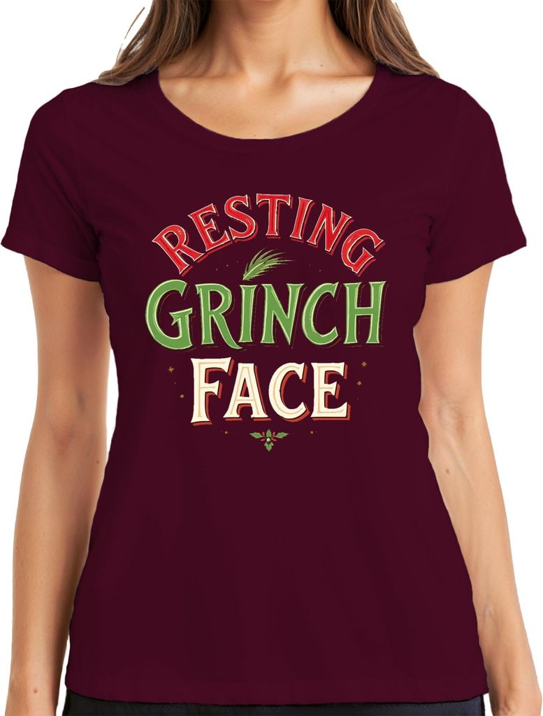 Resting Grinch Face Weihnachten lustig Geschenk Retro Grinchmas Damen T-Shirt, Burgundy, XL