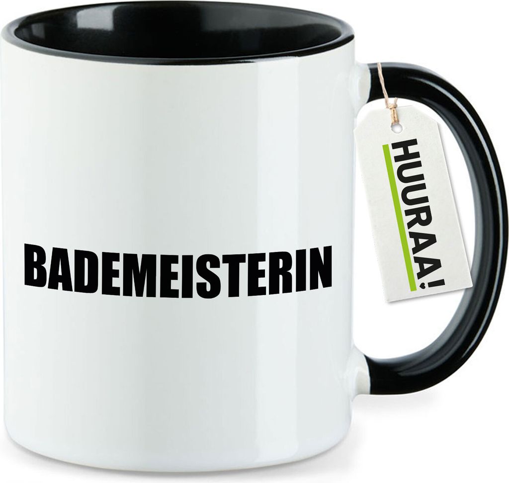 Huuraa Kaffeetasse Bademeisterin Schriftzug 330ml Schwarz Keramik Kaffeebecher Geschenkidee