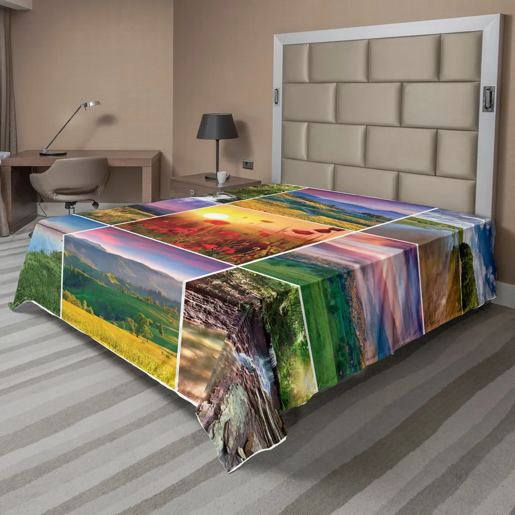 ABAKUHAUS Lenzuolo estivo, paesaggi estivi cascata fiori in fiore viola sole paradiso, lenzuolo morbido e confortevole per un letto decorativo 1 pezzo 260 cm x 228 cm, giallo verde rosso