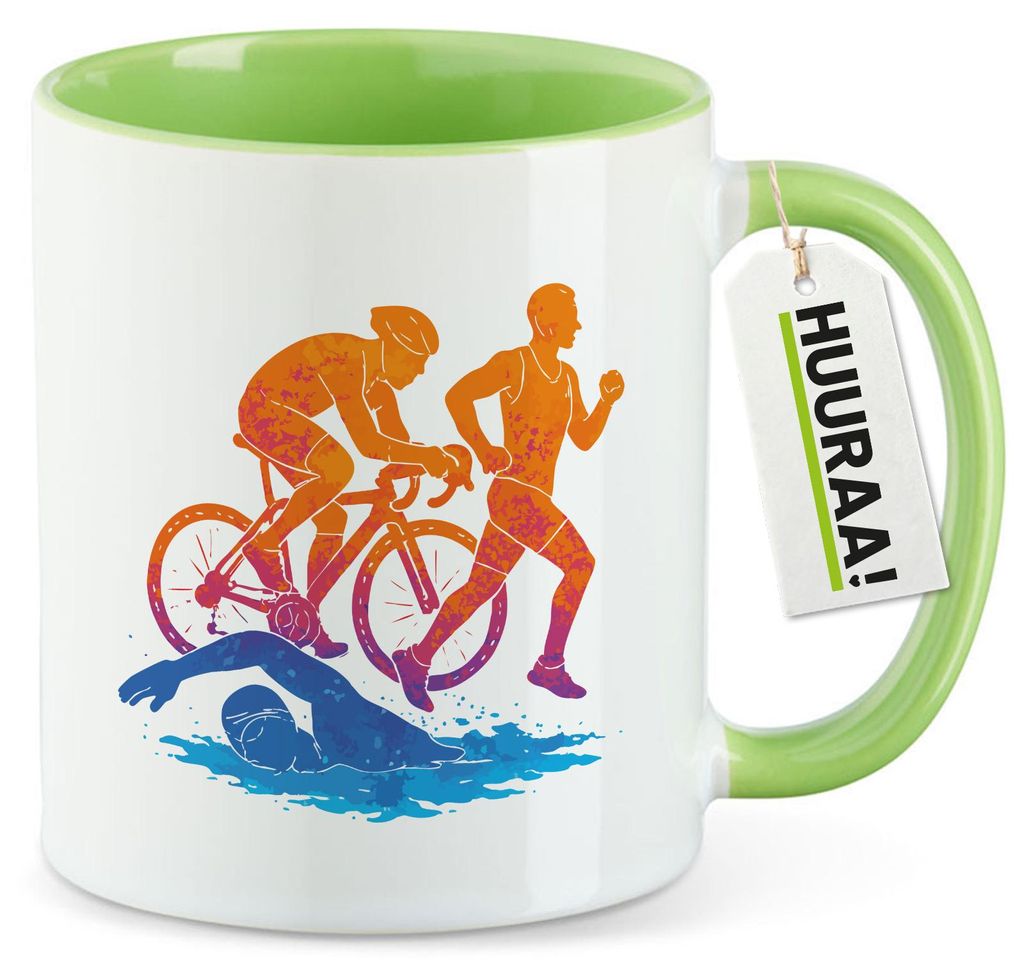 Huuraa Kaffeetasse Triathlon bunte Silhouette 330ml Grün Keramik Kaffeebecher Geschenkidee