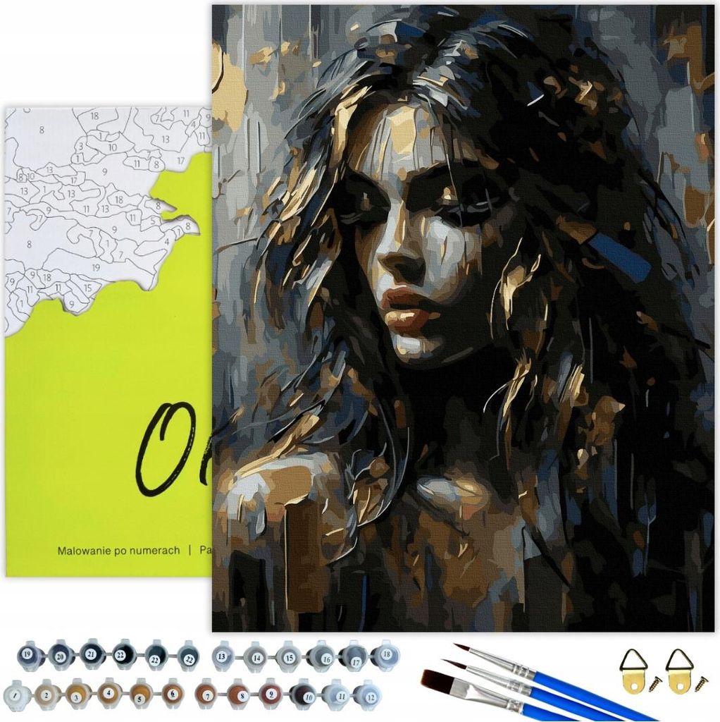 Malen nach Zahlen Erwachsene Frau Porträt Dunkel 50x40 - 26 Acrylfarben, Leinwand mit Holzrahmen, 3 Pinseln, Zubehör, Goldfarbe Oh Art!