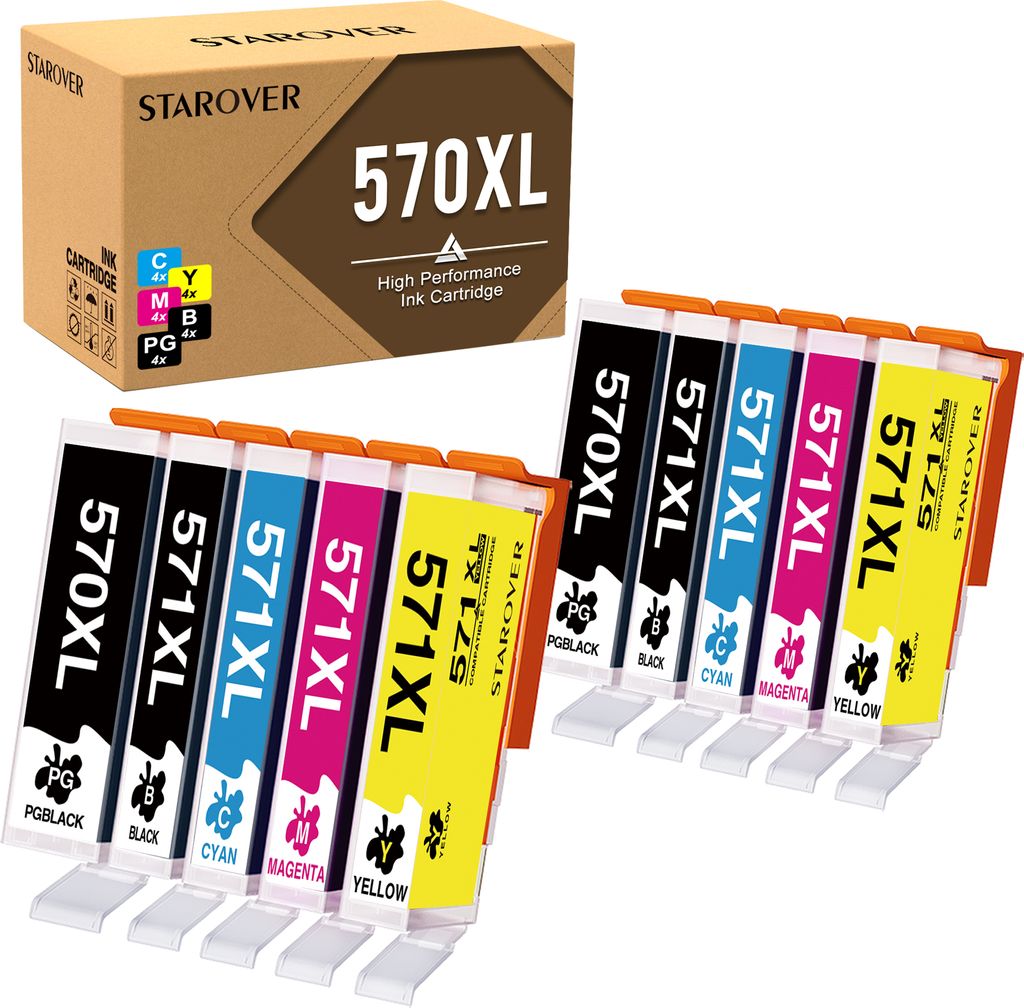 A box of ink cartridges and several ink cartridges are displayed.