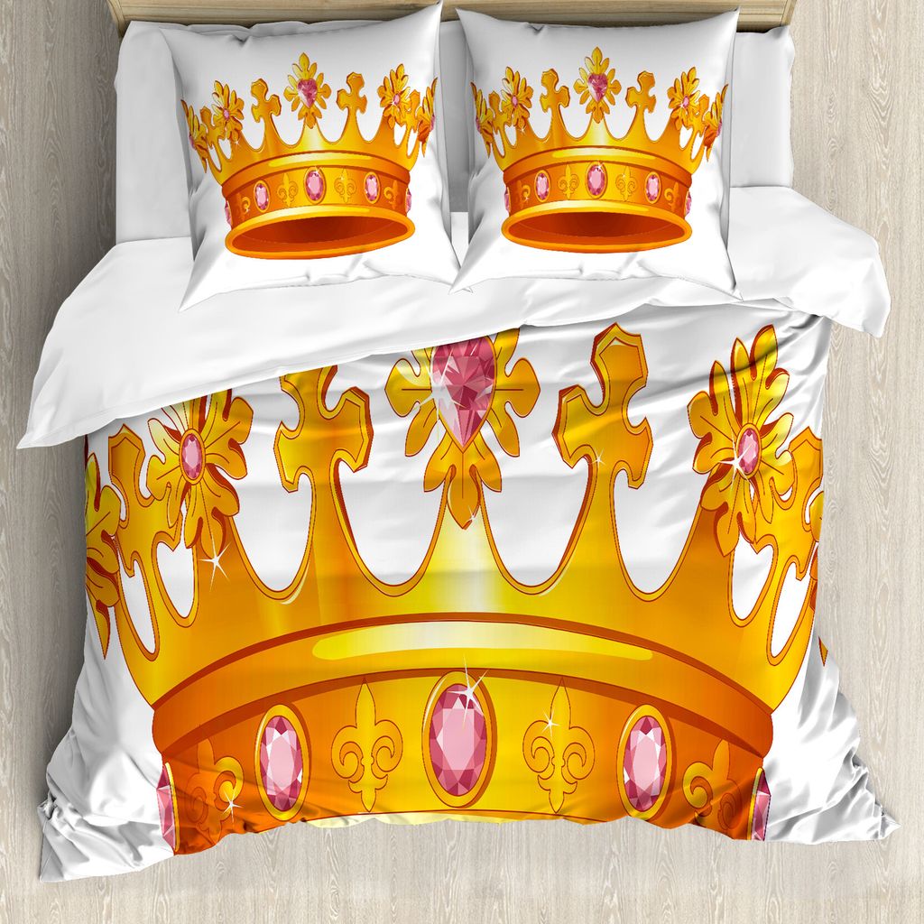 ABAKUHAUS Königin Bettbezug, Crown Tiara mit Gems, Milbensicher Allergiker geeignet mit Kissenbezügen, 155 cm x 220 cm - 80 x 80 cm, Orange und Rose