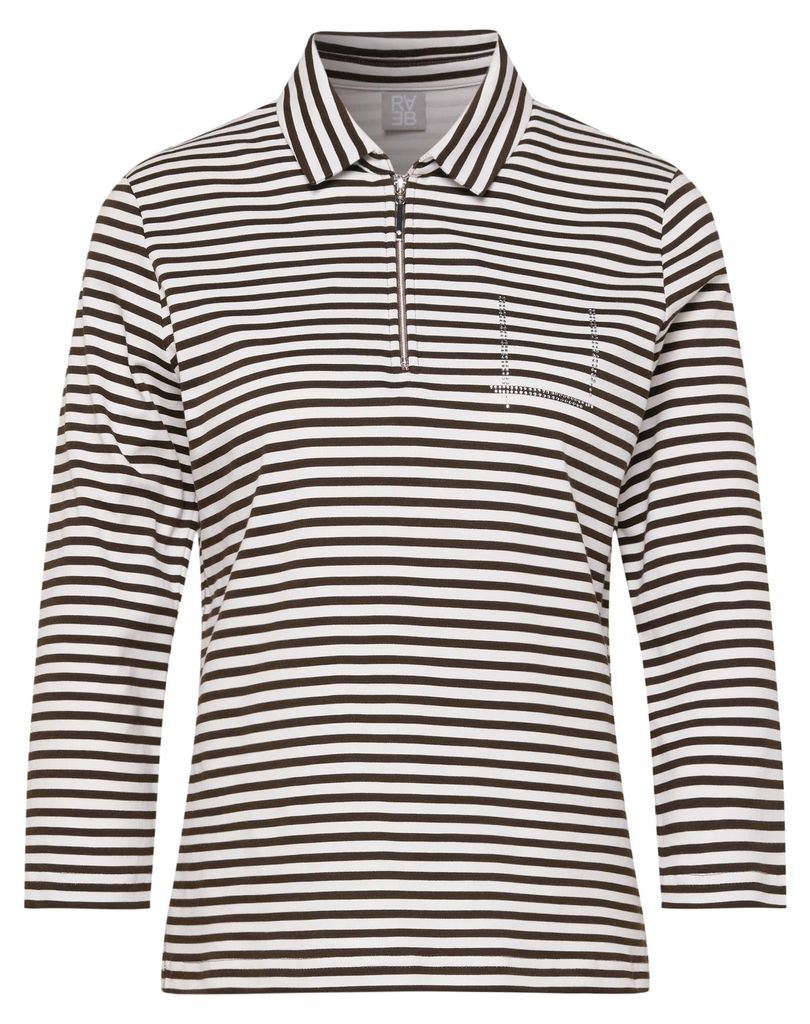 RABE Damen T-Shirt mit Polokragen, Reißverschluss, Ringel & Strass, Schoko, Gr. 44