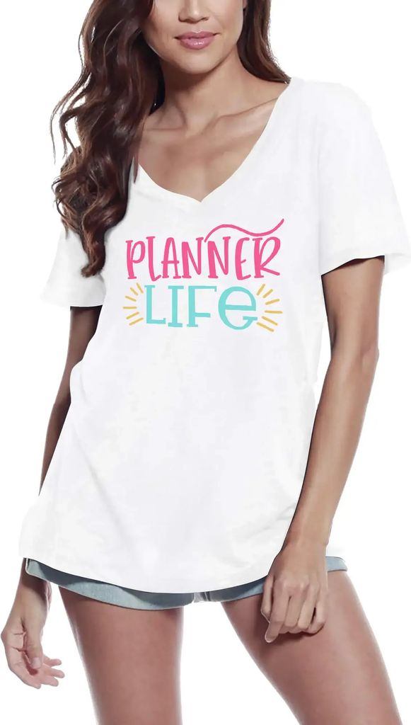 Damen Grafik T-Shirt V-Ausschnitt Planer Leben – Planner Life – Öko-Verantwortlich Vintage Jahrgang Kurzarm Lustige Druck Geburtstag Geschenk ...