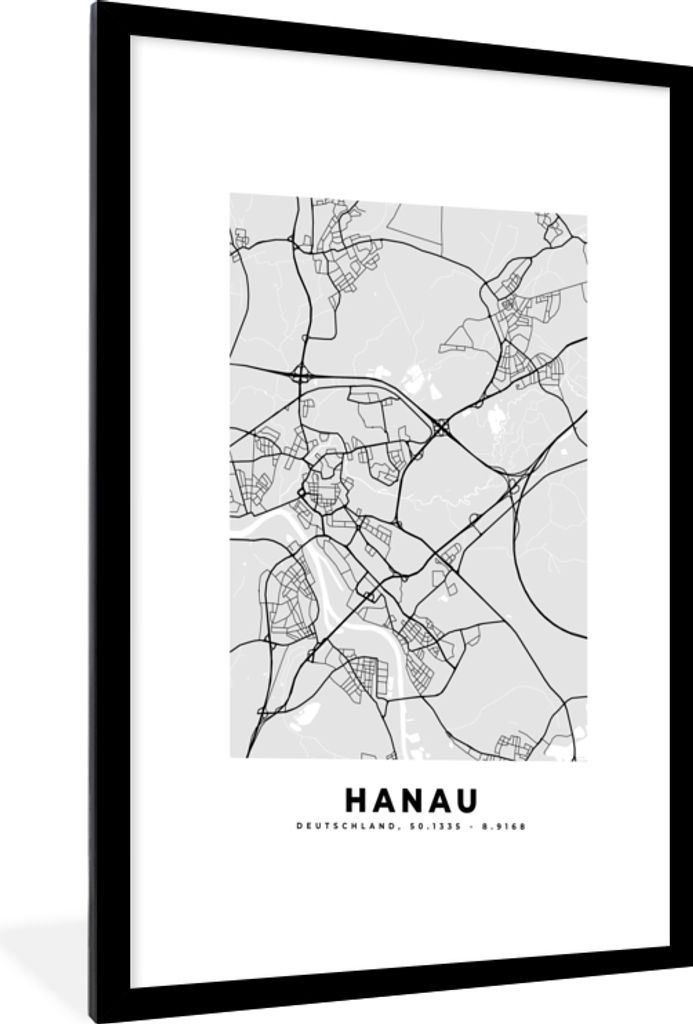 MuchoWow Gerahmtes Poster Hanau - Karte - Stadtplan - Deutschland - Karte 60x90 cm - Poster mit Schwarzem Bilderrahmen Wandposter Rahmen Foto Bil...