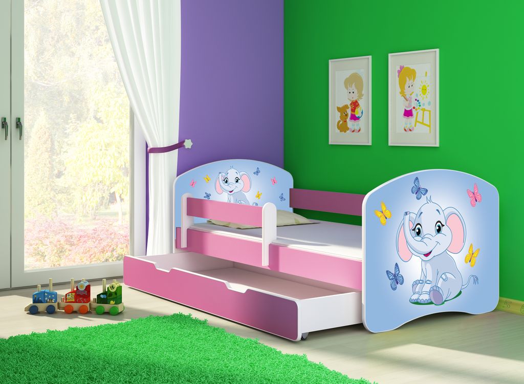 ACMA Jugendbett Kinderbett Junior-Bett Komplett-Set mit Matratze Lattenrost und Rausfallschutz Rosa 26 Elefant 140x70 + Bettkasten