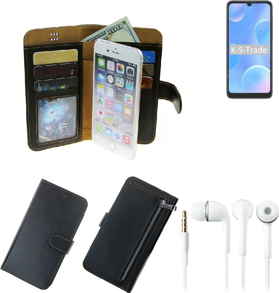 TOP SET Handy Hülle Schutz Hülle kompatibel mit Blackview A50 schwarz aus Kunstleder + Kopfhörer Smartphone Tasche vollwertige Geldbörse