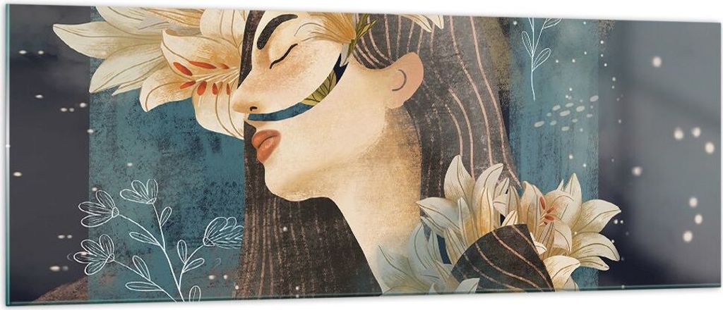 Bilder auf glas - Einteilig - Surreal Frau Blumen - 140x50cm - Glasbilder - Wandbilder - Bilder - zum Aufhängen bereit - Wanddekoration aus Glas -...