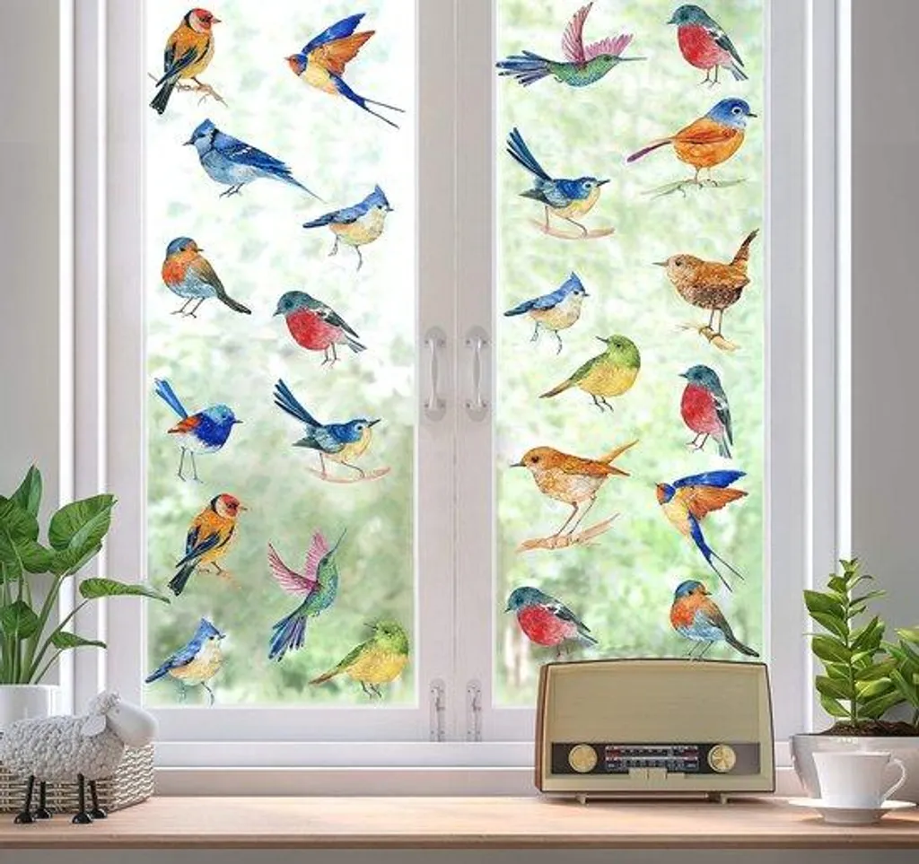 Stickers de fenêtre oiseaux : décoration vitrée colorée pour les petits