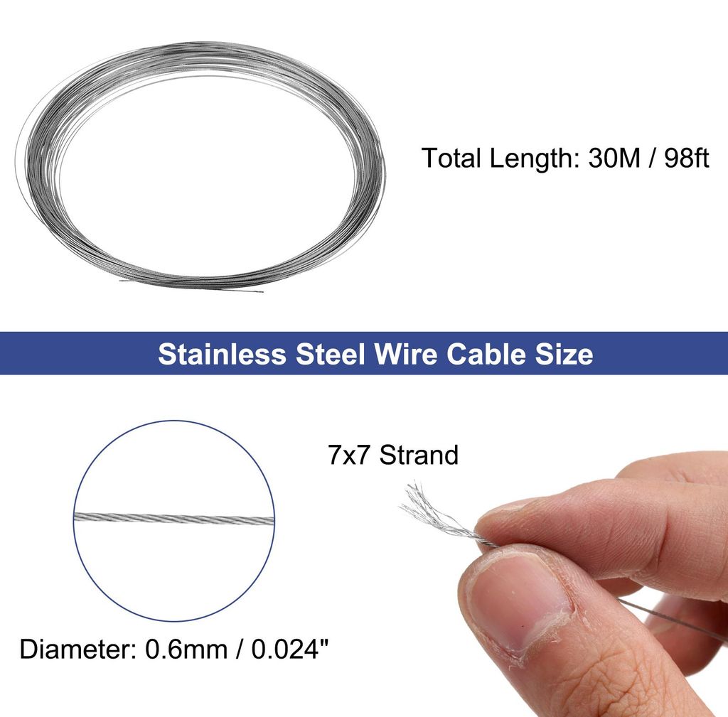 0.024" (0.6mm) 304 Edelstahlseil Drahtseil 7 x 7 Str?nge Kern 98ft (30m) Flugzeugdraht fš¹r Bau im Freien Marine Rigging Decking Gel?nder