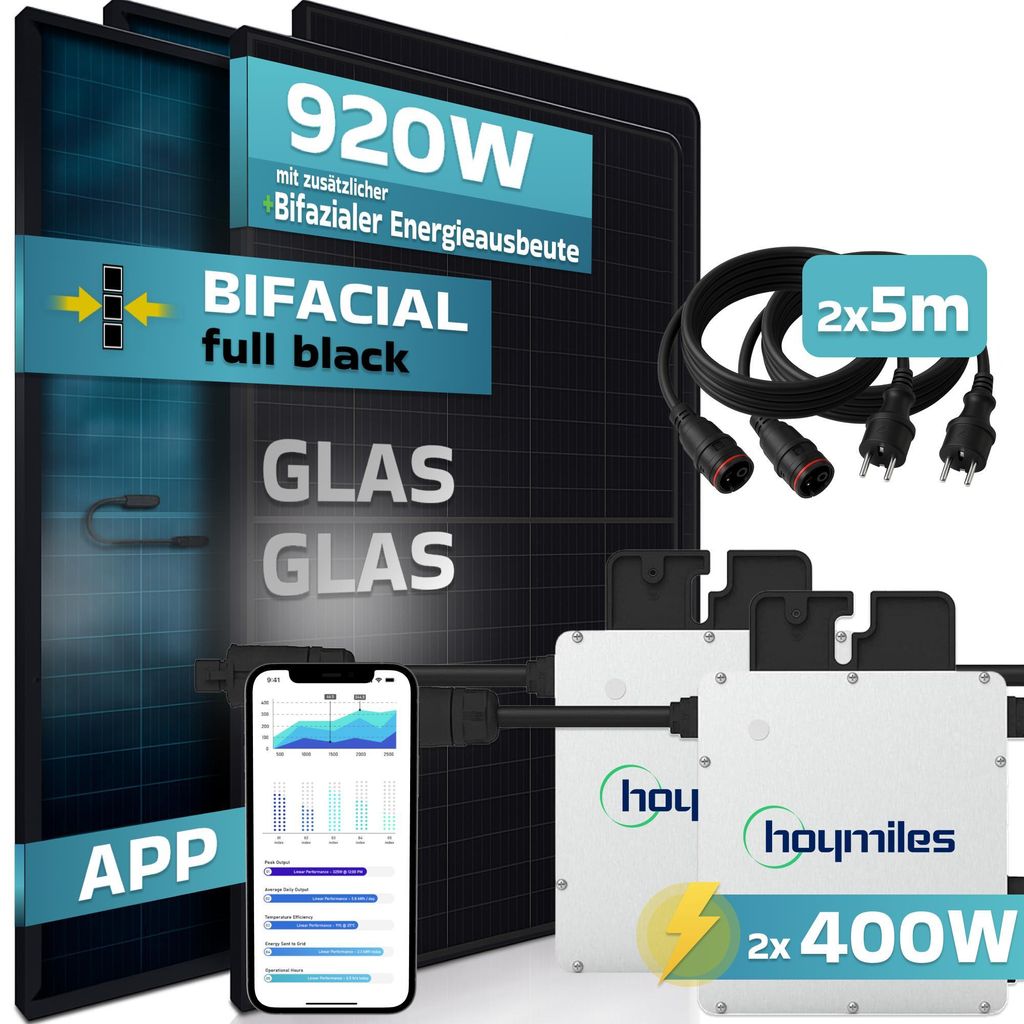 SUNNIVA 920W Balkonkraftwerk BIFAZIAL FULLBLACK komplett Steckdose HOYMILES 2x 400 Watt Wechselrichter, Komplettset 2x460W PV Solaranlage Solarmo...