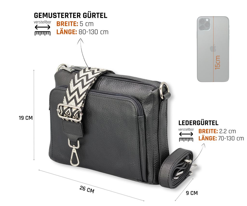 ADEL Umhängetasche Damen Echtleder JANA - Made In Italy Mit 2 Riemen