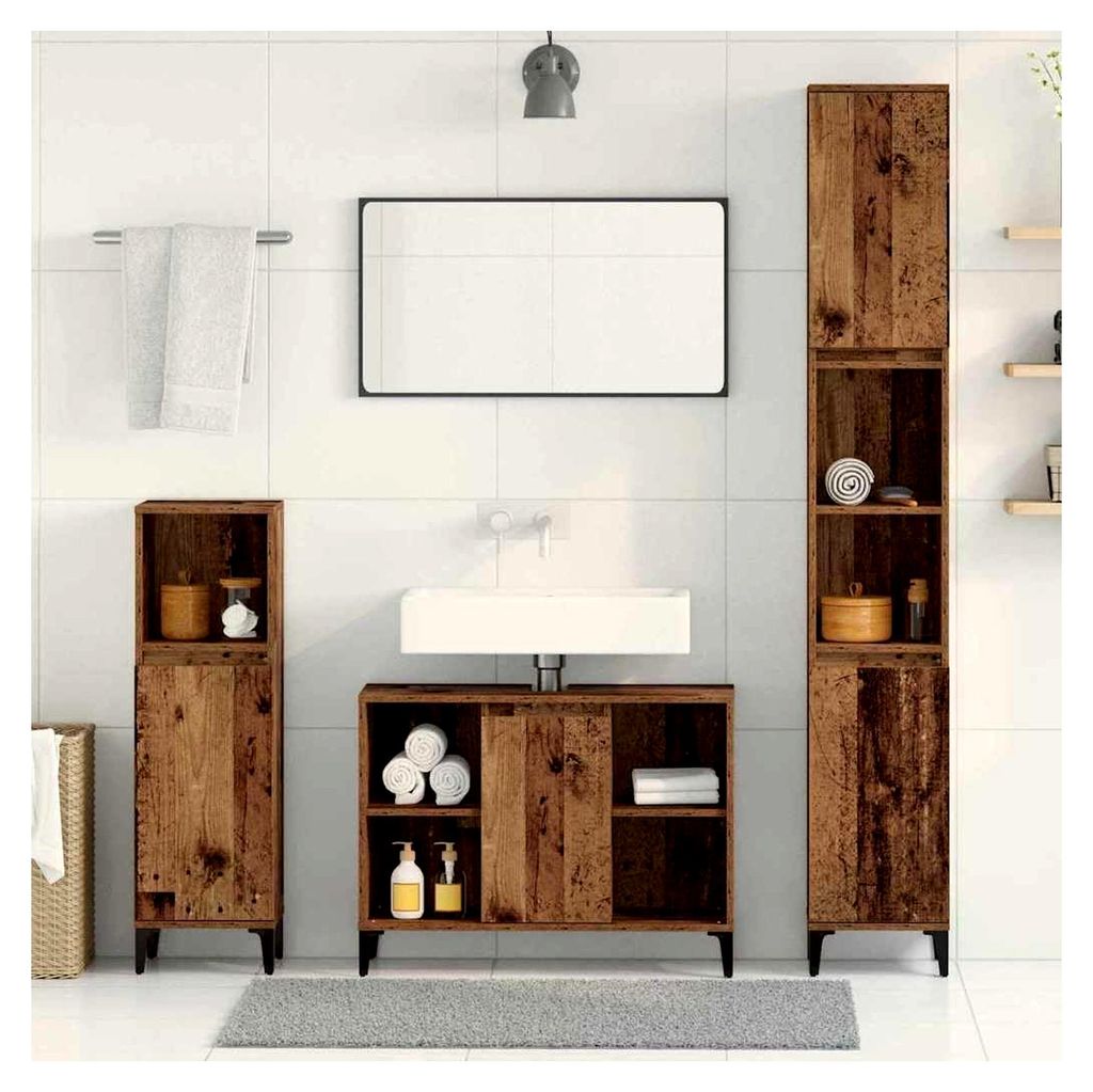 Badezimmermöbel-Set mit Regal, 3 Teile, Altholz, Badschrank mit Metallfüßen, Unterschrank, Hochschrank, Midischrank