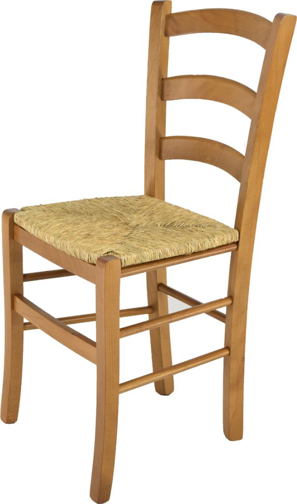 A wooden chair with a straw seat is shown against a white background.