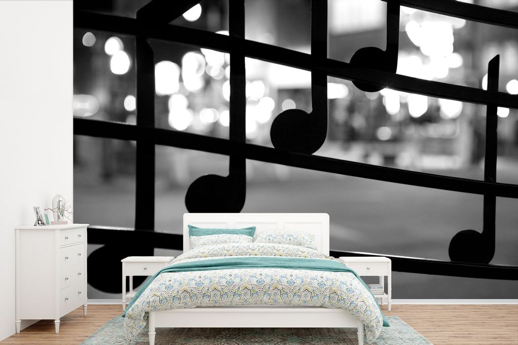MuchoWow Fototapete für Wohnzimmer oder Schlafzimmer Wandtapete Vinyl Motivtapete Musiknoten am Fenster mit der Beale Street in Memphis, USA, im...