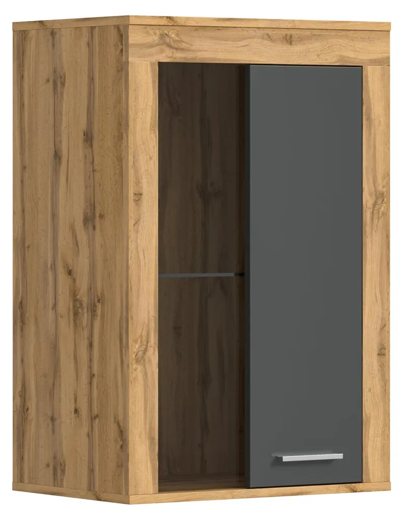 Vitrine en verre chêne Wotan et gris 60x86cm, meuble de salon Kube