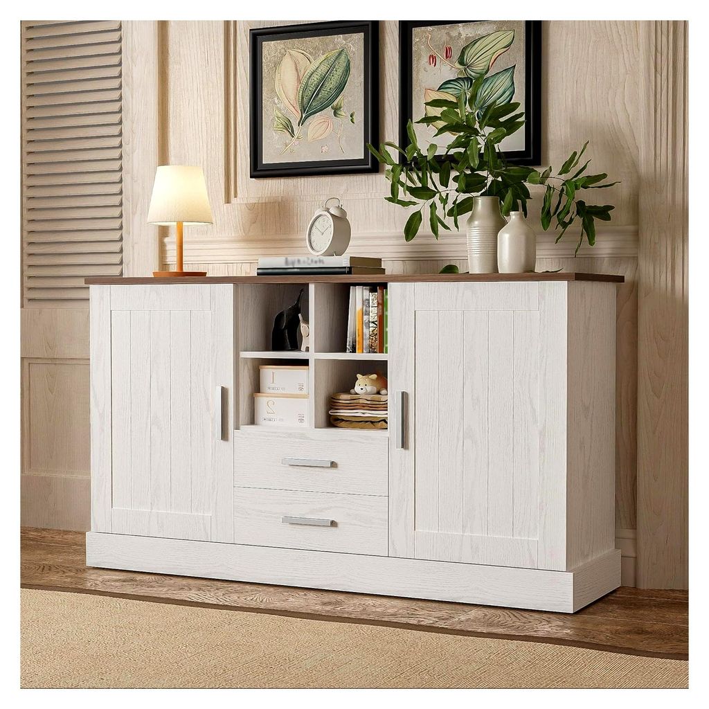 Sideboard 140 x 40 x 79,5 cm, Holzmaserung in Weiß und Braun - 2 Türen, 2 Schubladen