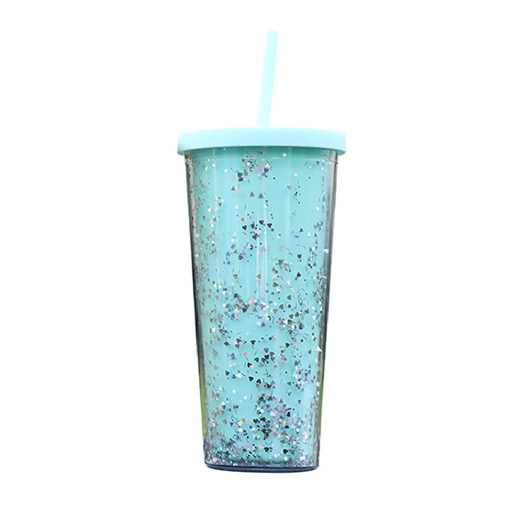 24OZ/710ml Wasserbecher mit Strohhalm, glitzernd, doppelwandig, gewellter Rand, gerader Becher, Saft, Eiskaffeebecher, täglicher Gebrauch