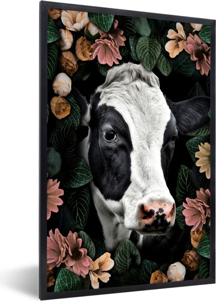 MuchoWow MuchoWow Gerahmtes Poster Kuh - Blumen - Blätter 20x30 cm - Poster mit zchwarzem Bilderrahmen - Drucken - Bilder Poster im Rahmen