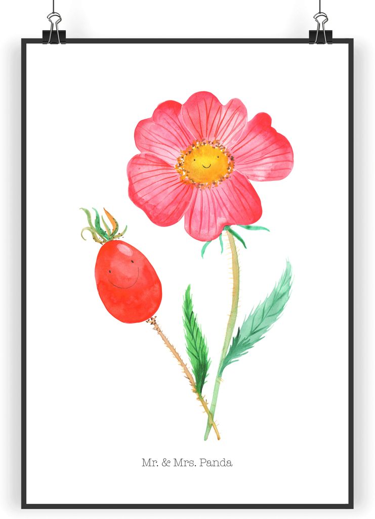 Mr. & Mrs. Panda Bild Blume Hagebutte DIN A3 - Weiß - Geschenk, wanddeko, Lebensfreude, Plakat, Schlechte Gedanken, Kunstdruck, drucke, wandkunst,...