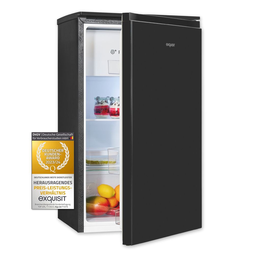 A black Exquisit refrigerator with its door open, showing shelves with food items and a German customer award badge on the left.