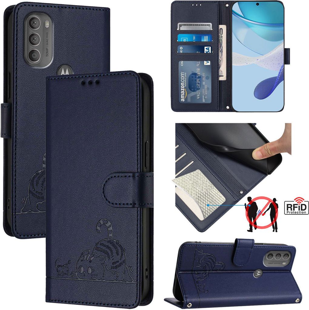 Leder Hülle für Motorola Moto G71 Süße Katze Flip Case Brieftasche Schutzhülle mit Standfunktion Blau