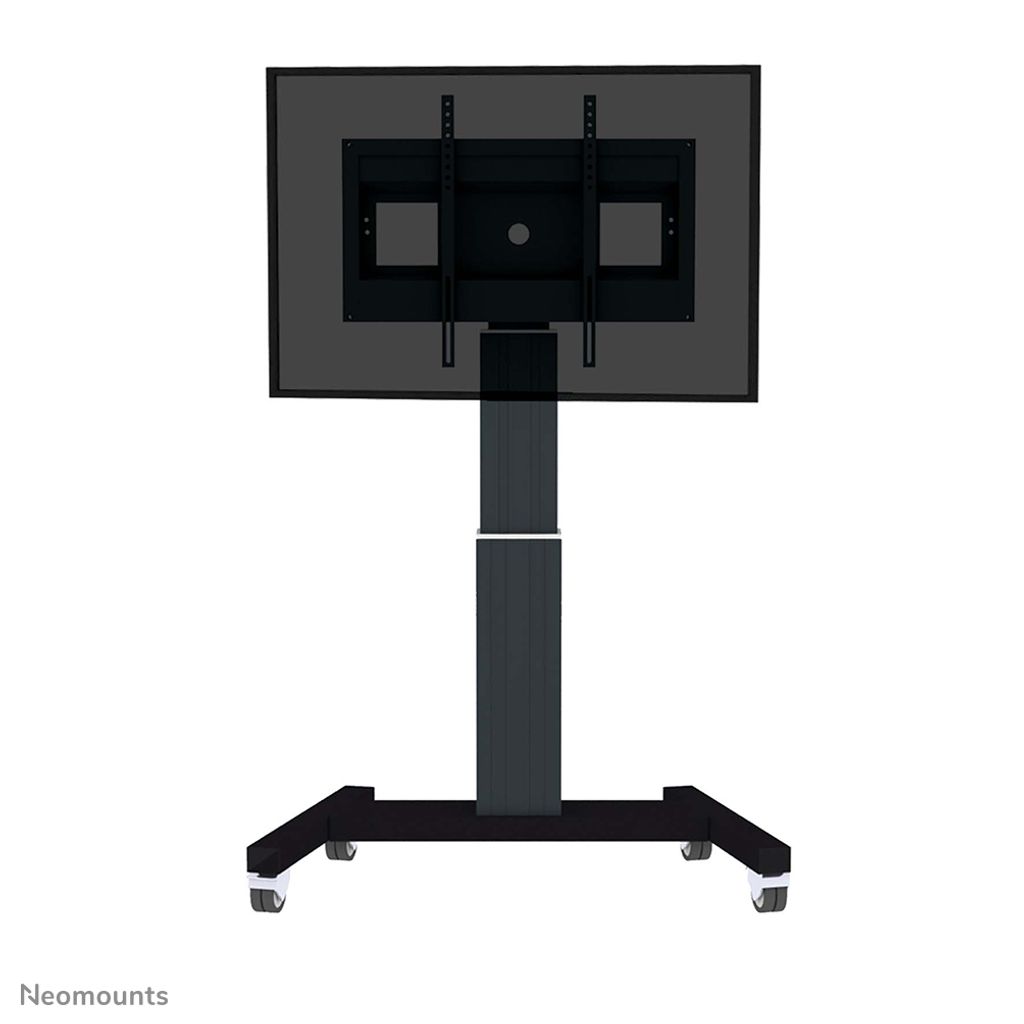 A black rolling TV stand with a screen mount.