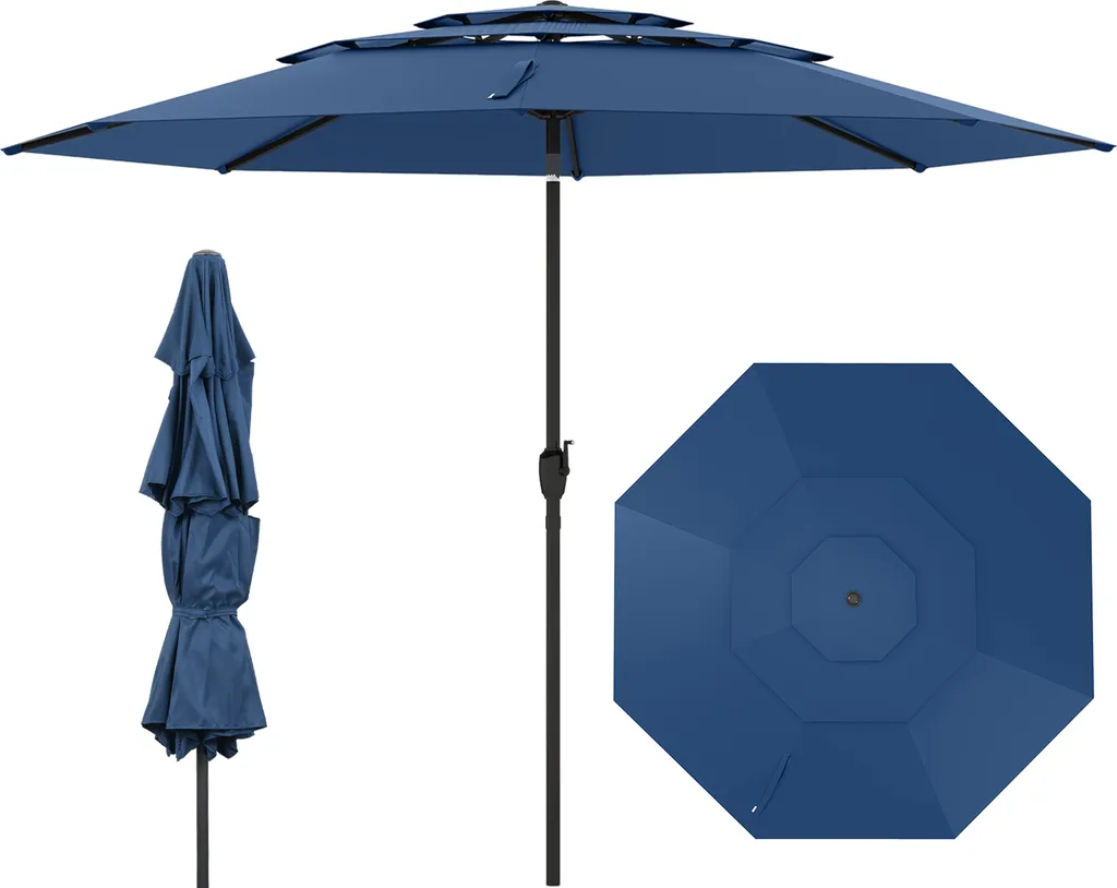 COSTWAY Ombrellone Terrazza 3m Antivento Inclinabile Blu Navy Elegante