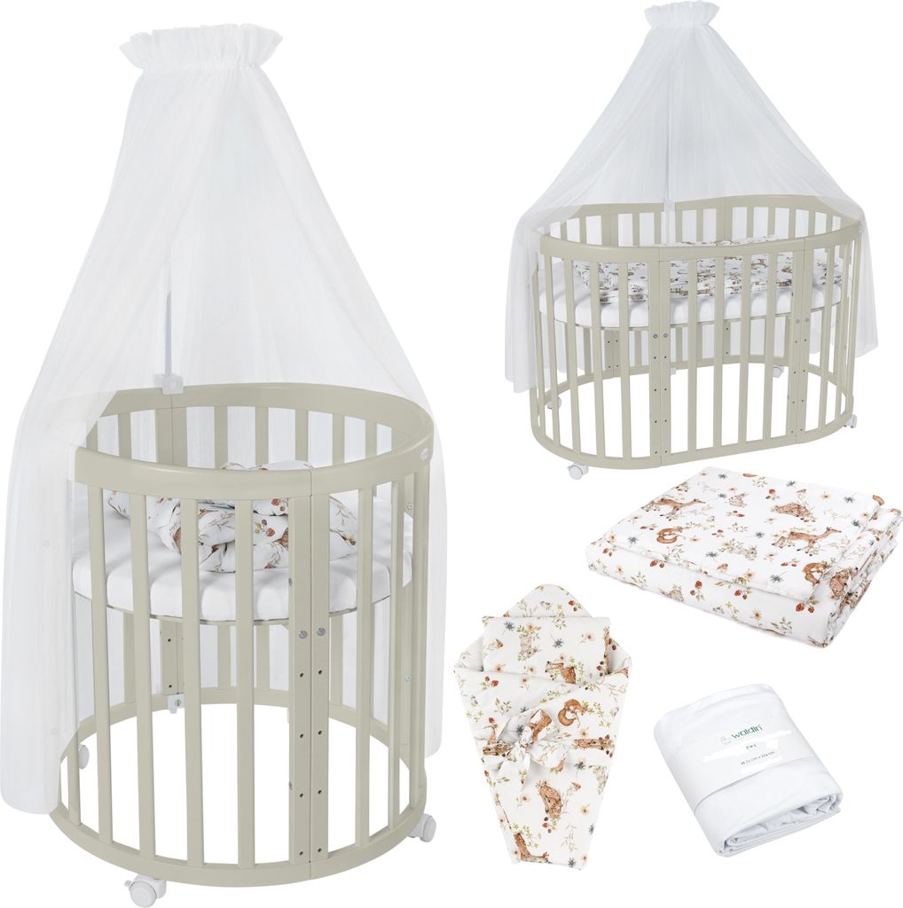 Mobiles Babybett OWAL aus Holz 7in1 mit Matratze, mitwachsend,Stoffe Weiß Tiere,Holz olive