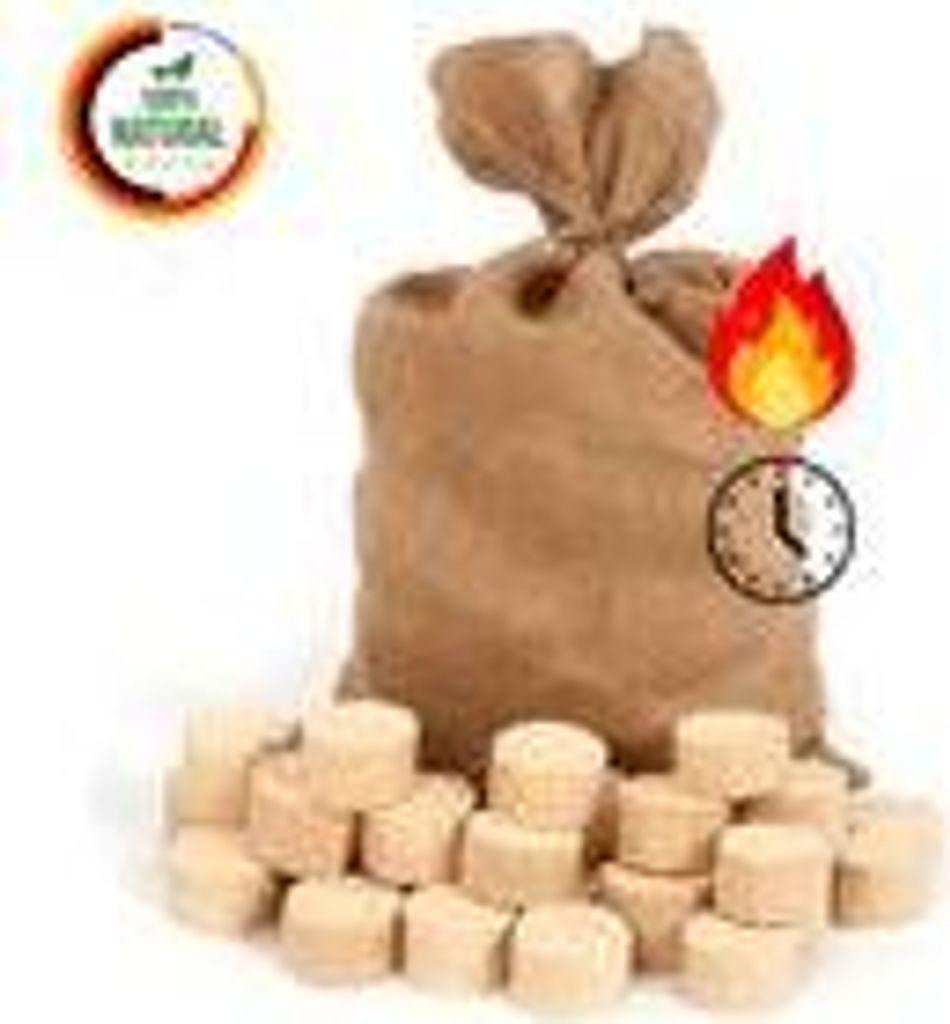 A bag of wood pellets with a pile of pellets in front, and icons indicating natural and burn time.