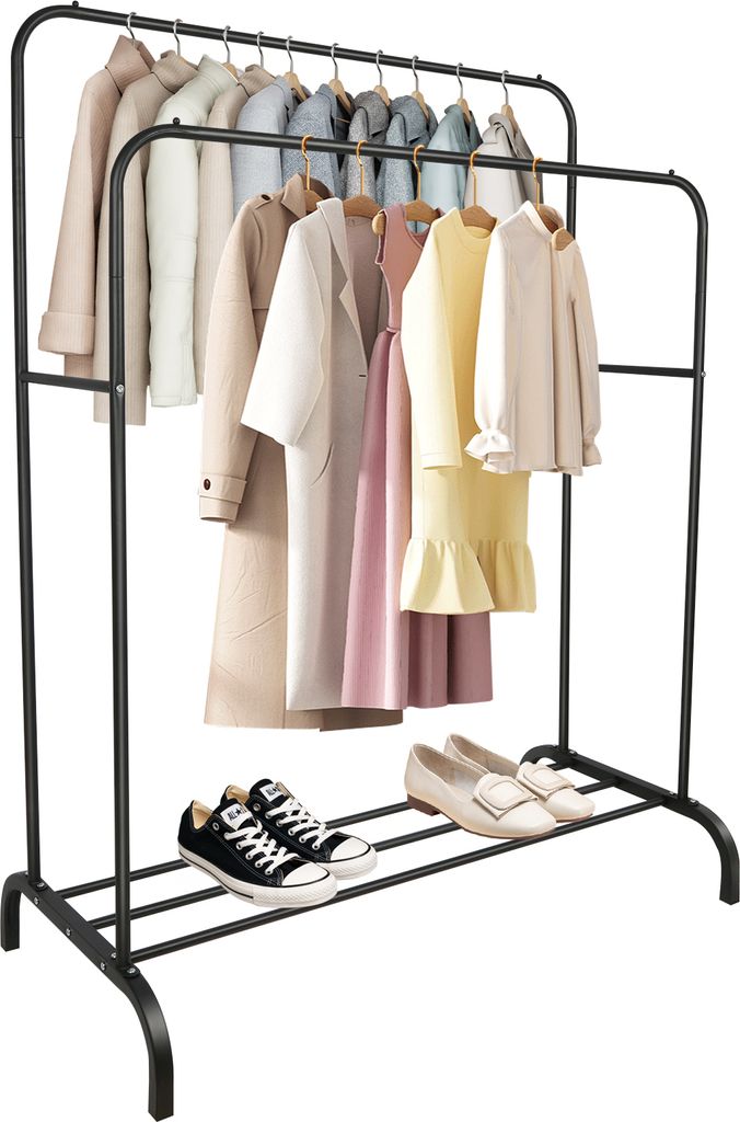 Kleiderständer mit 2 Kleiderstangen Garderobenständer Schuhablagen145-125x110x54cm Schwarz