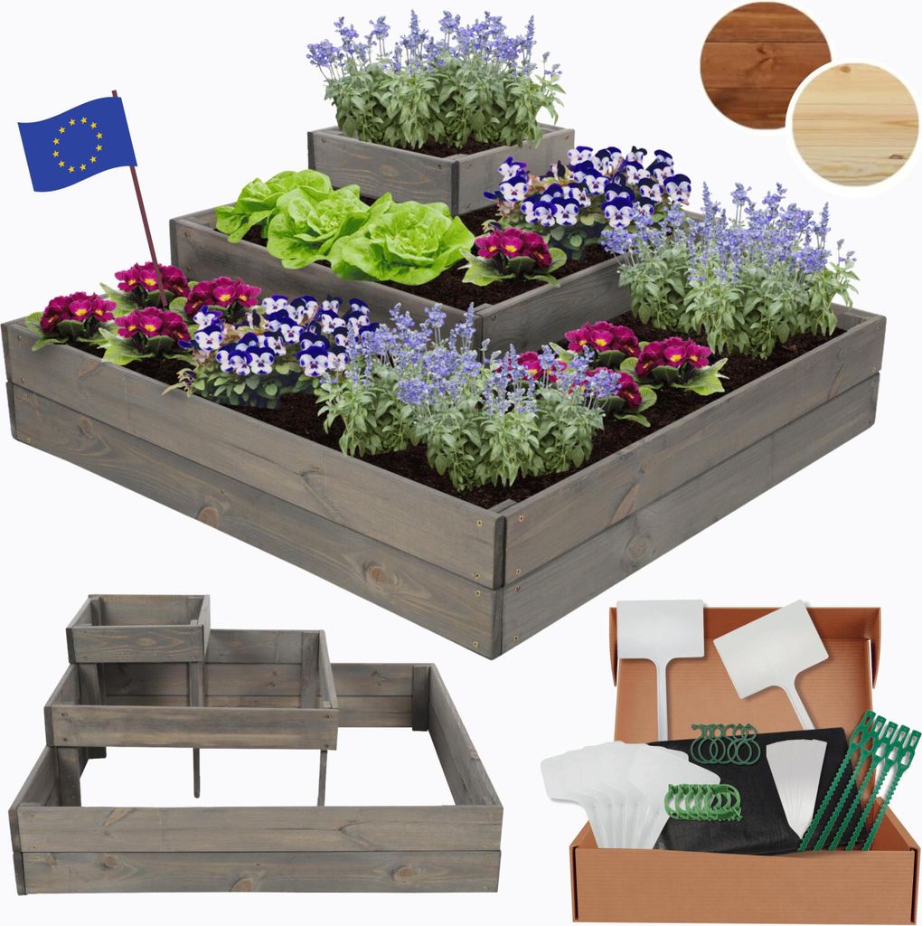 MODO24 Hochbeet Holz, Pflanzkasten, Massivholz, Kiefer, Kräuterbeet, Blumenkasten, Garten, Terrasse, 36x92x92 cm, Grau, ZP08