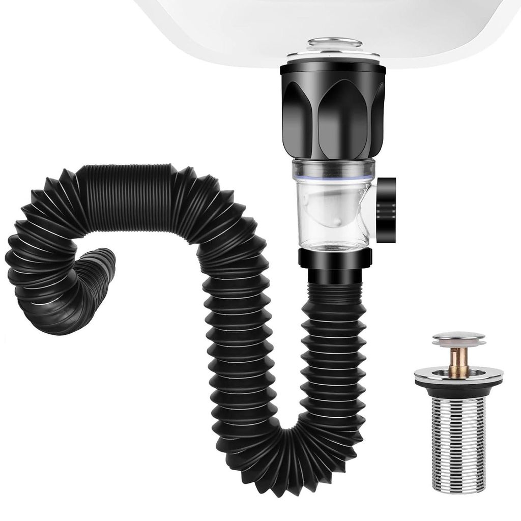 Ablaufgarnitur für Waschbecken, Siphon-Set mit Pop-up-Ablaufstopfen, Abflussrohr-Set für Waschbecken in Bad, WC und Küche, ausziehbar von 300–...