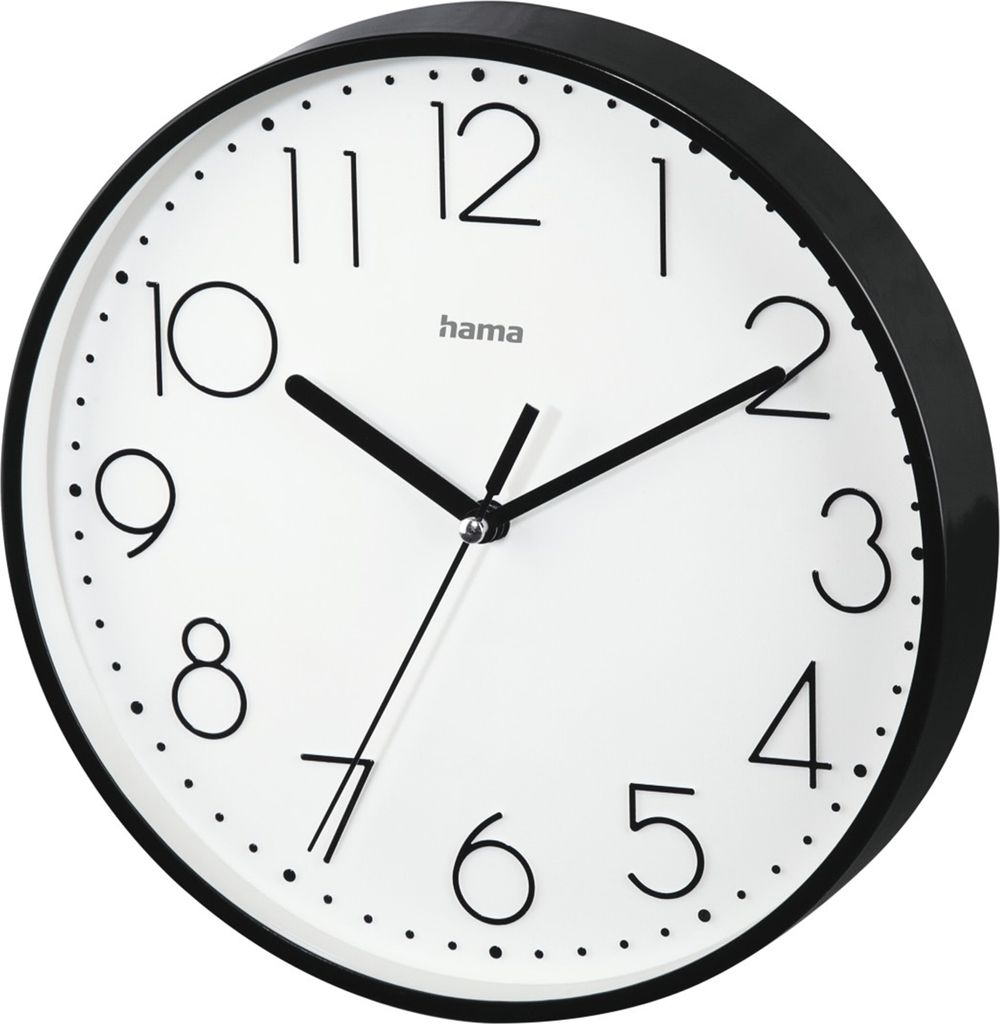 A close-up, slightly angled view of a black and white analog wall clock.
