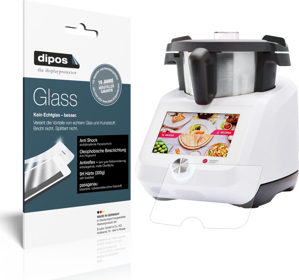 1x Schutzfolie für Monsieur Cuisine smart SKMS 1200 A1 matt - Anti-Shock 9H Folie dipos Glass Kunststoffglas