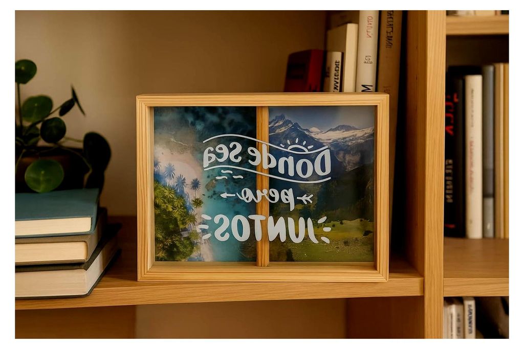 Spardose aus Holz mit Glas, Doppelfach, Meer und Berge, Rechnungen und Reisen, XL 28 x 22 x 4 cm