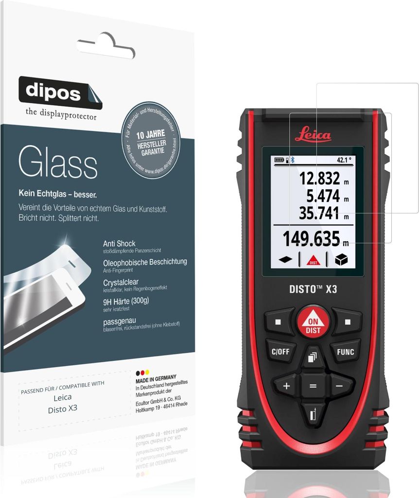 2x Schutzfolie für Leica Disto X3 - Anti-Shock 9H Folie dipos Glass Kunststoffglas