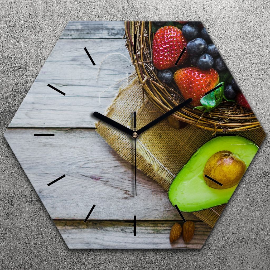 Uhr hexagonal 40 cm Glas Geräuschlos schwarze Zeiger - Früchte auf Holz
