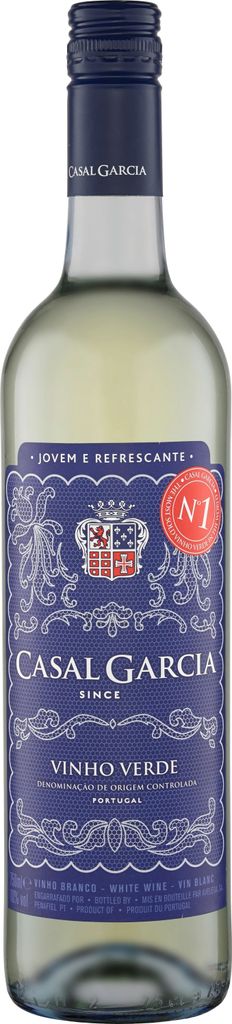 A bottle of Casal Garcia Vinho Verde wine against a white background.