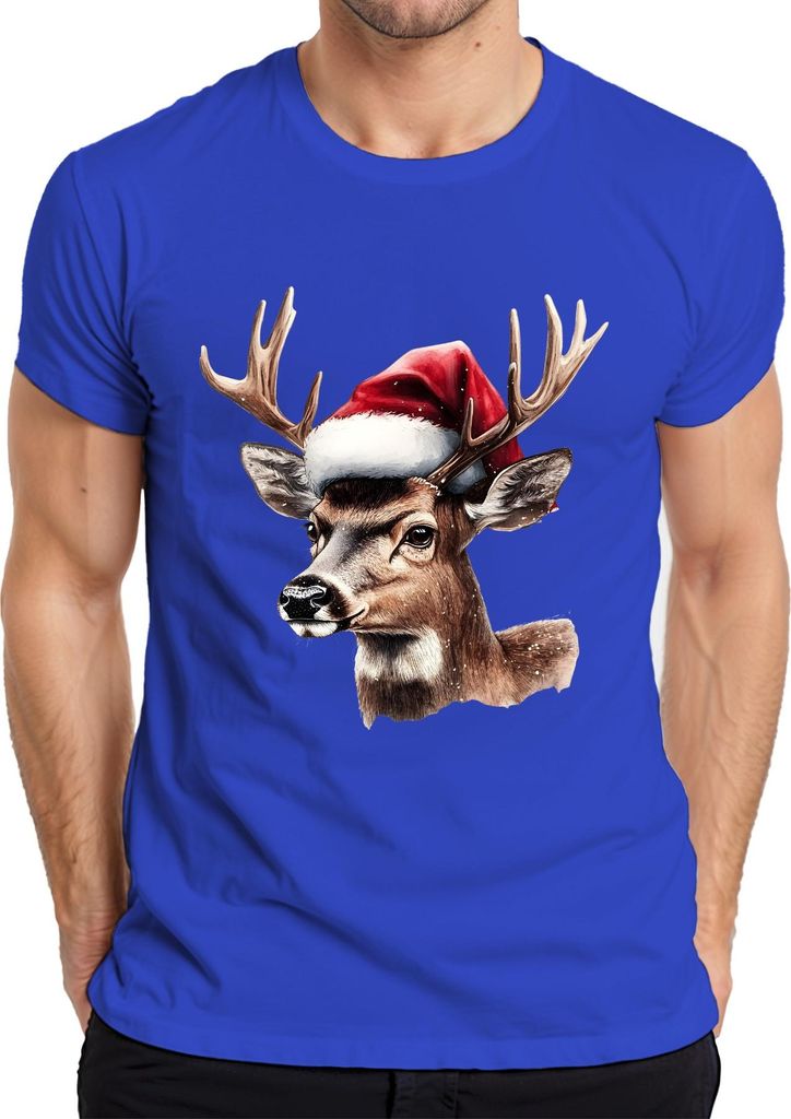 Weihnachtsrentier Hirsch Kopf Aquarell Weihnachtsmann Hut Retro Herren T-Shirt, Blau, XXL